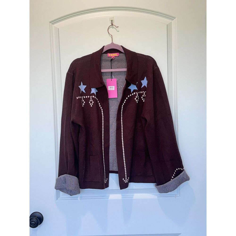 NWT THML Open Front Cardigan Sweater Brown Blue Stars Size Medium